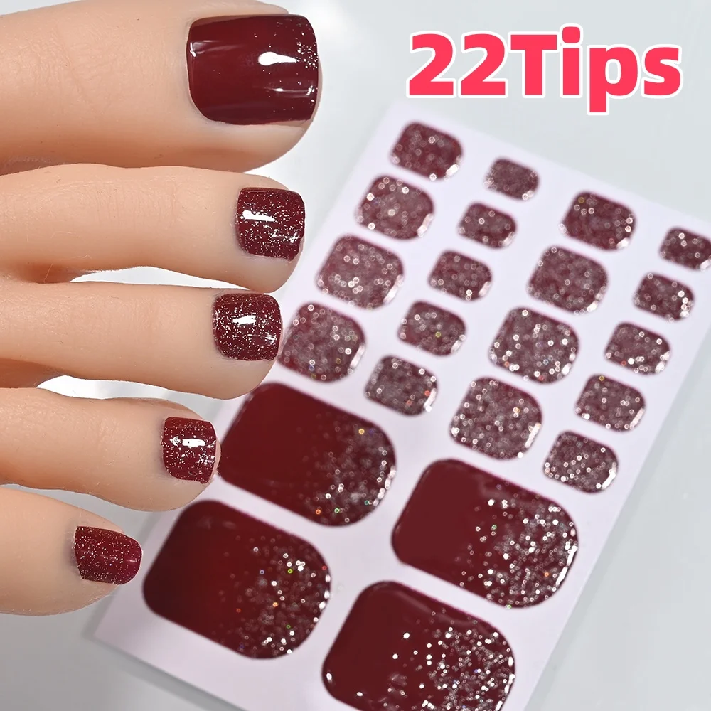 22Tips/Sheet Burgundy Red Glitter Toenail Stickers Full Cover Self-Adhesive Toenail Wraps for Summer Beach Party DIY Foot Decal