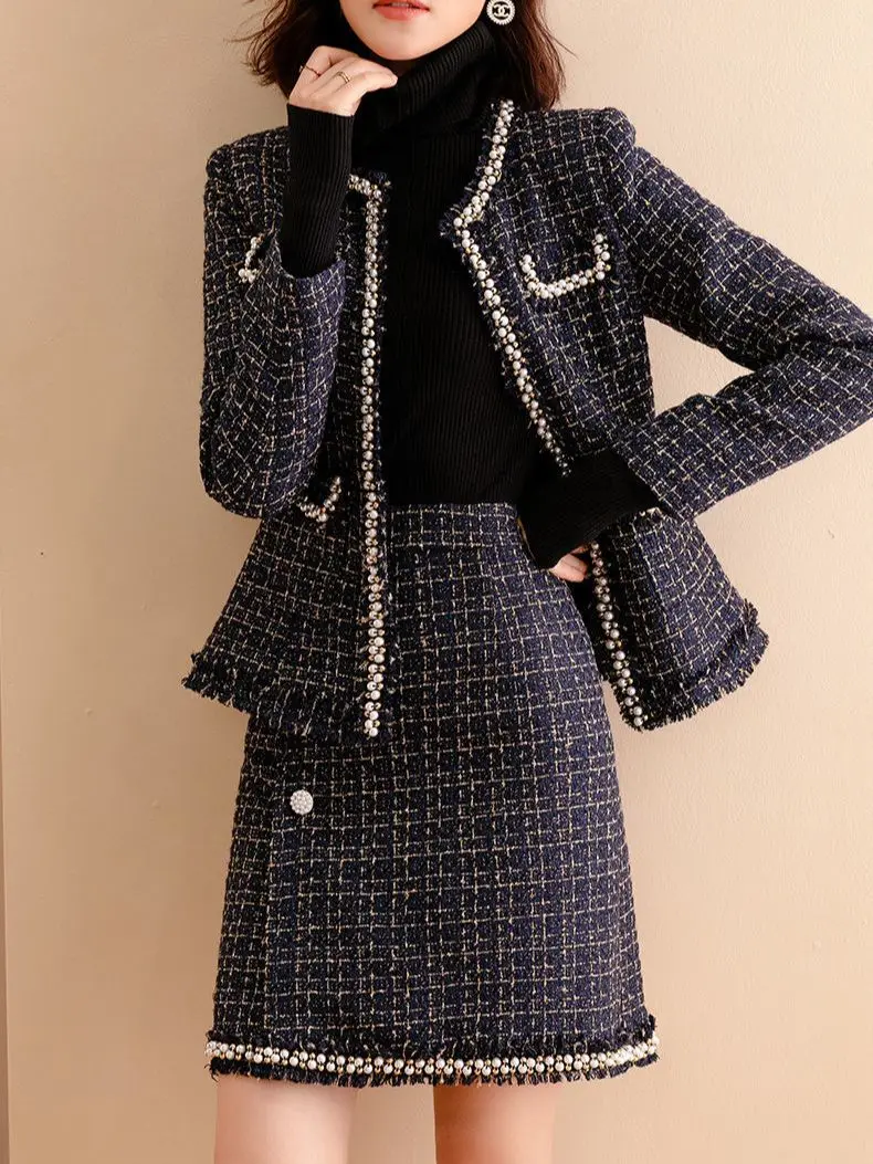 Women Tweed Elegant Chic Suit Pearl Jackert Coat Skirt Two Piece Set Matching Outfit Winter Workwear High Quality Clothing 2023