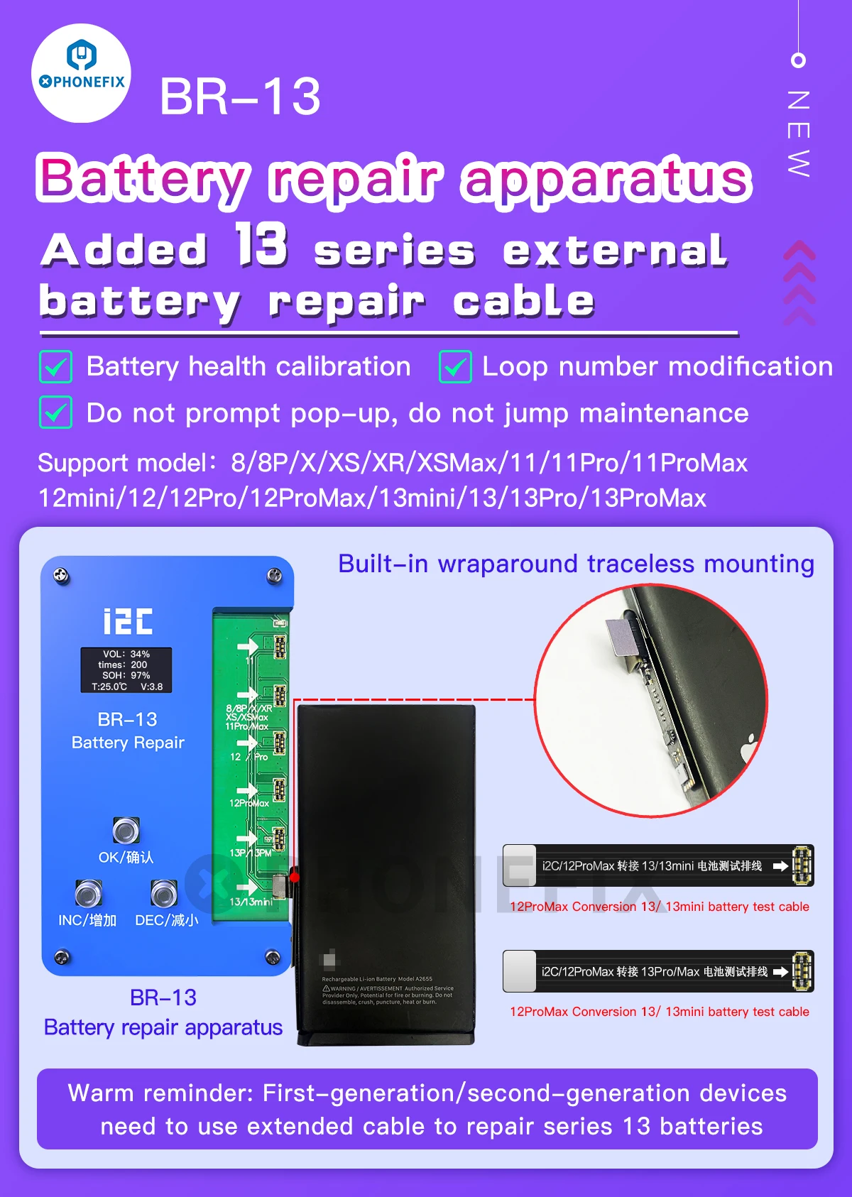 i2C KC01 BR-13 BR-11Battery Flex Cable For iPhone 11 12 13 14 Pro Max Mini Battery Health Capacity Efficiency Reset Modification
