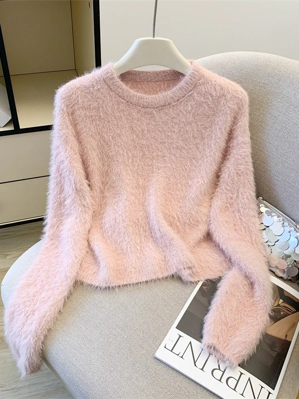 

Pink Cozy round Ne Knitted Sweater Women's ort Sle Autumn Winter New Arrival Mink Fur Soft Warm Top Faionable Trendy