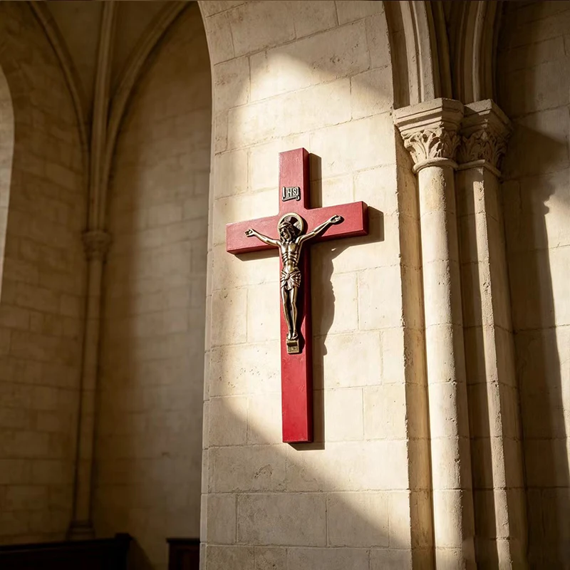 Red Wooden Wall Hanging Crucifix with Vintage Bronze Jesus & INRI for Catholic Christian Church Home