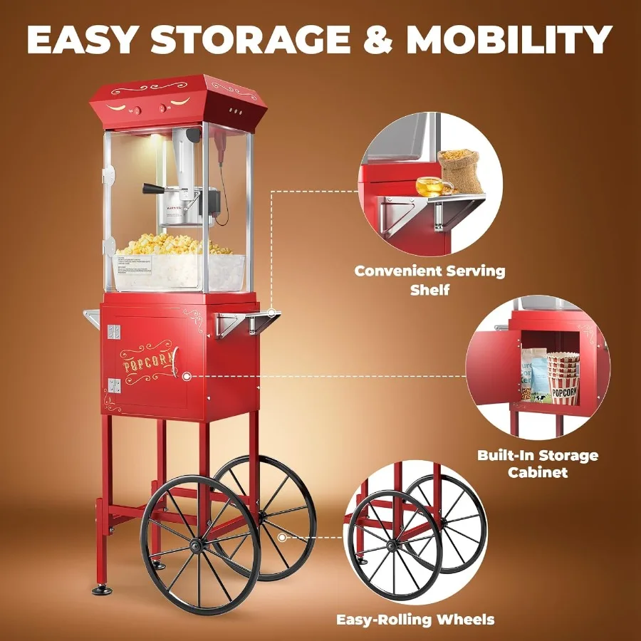 2025 ترقية 8 أوقية آلة صنع الفشار عربة آلة صنع الذرة البوب مع ماكياج ما يصل إلى 32 كوب مسرح السينما آلة الذرة البوب مع Sta