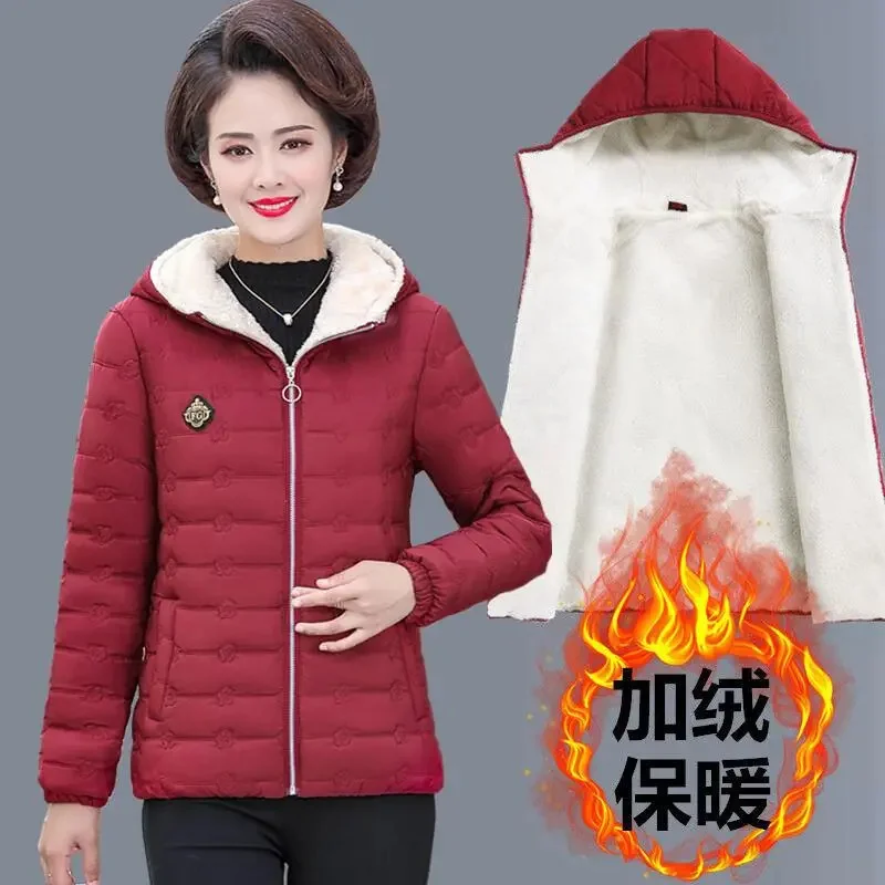 Women\'s Clothing Plus Velvet Cotton-Padded Jacket Mother\'s Winter Parkas Hooded Down Cotton Jacket Middle-Aged Elderly Coat