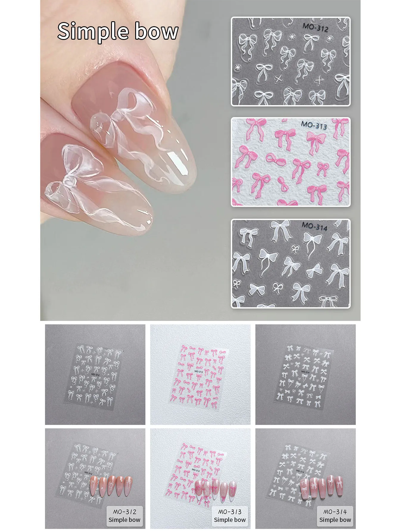 Autocollants pour Ongles en Relief en Forme de Papillon, Stickers Décoratifs Mignons, Cœur, Rose, Blanc, 1 Pièce, 3 Pièces