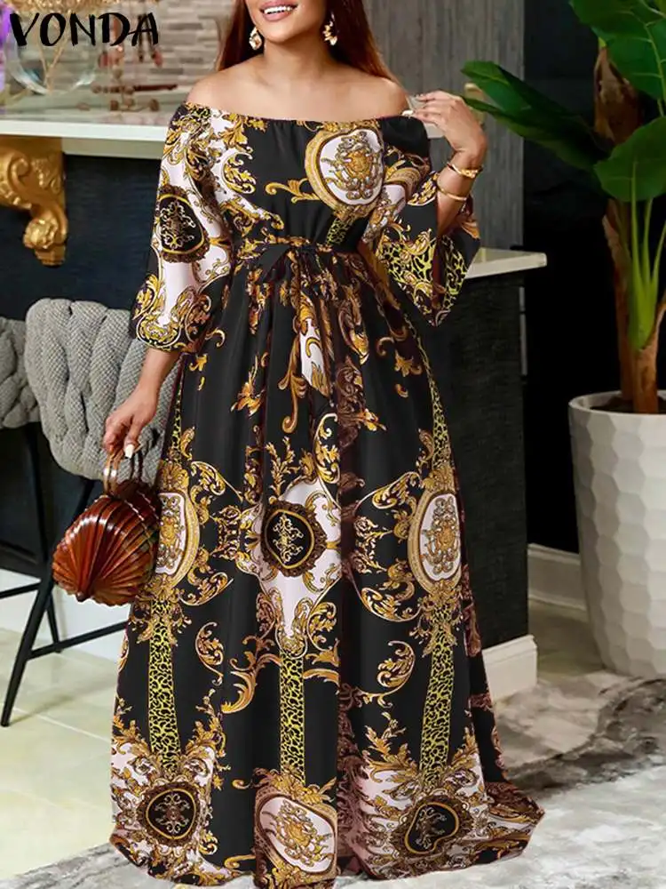 VONDA Bohemian Maxi Robe Women Printed Party Dress 2023 Sexy Off Shoulder Long Lantern Sleeve Sundress Belted Vintage Vestidos