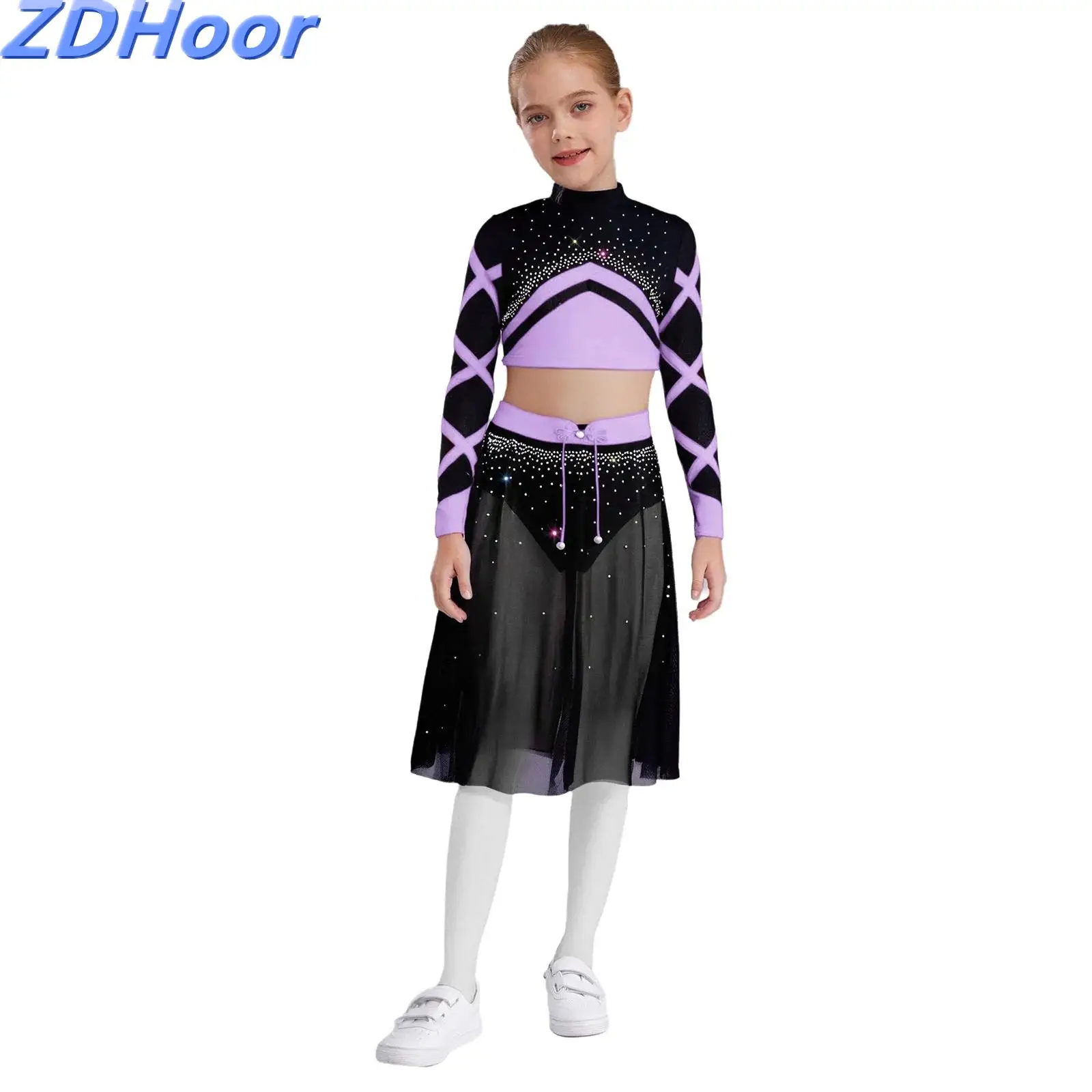 

Kids Girls Keyhole Back Dance Outfit Color Block Long Sleeve Shiny Rhinestones Crop Top with Knot Button Side Split Skirt