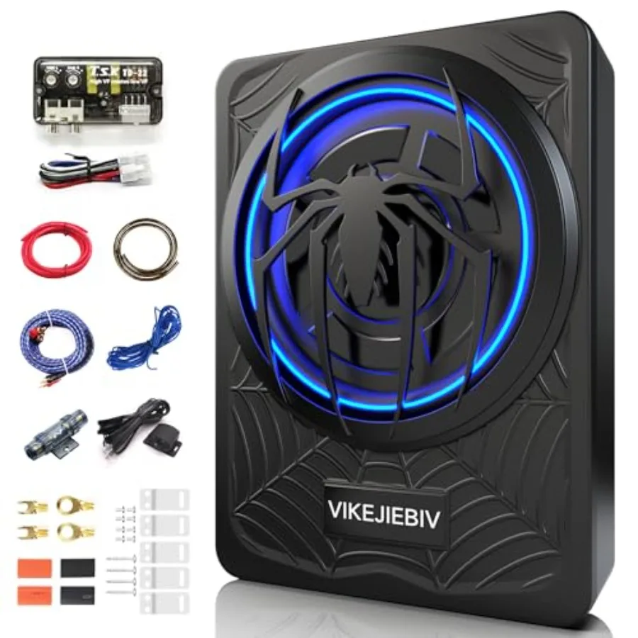 

Slim underseat car subwoofer and amp package for truck/SUV/Jeep/MPV: 1200W black subwoofer with ambient light, individual low p
