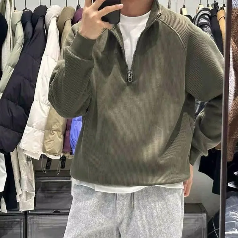 Gebreide trui met halve rits, opstaande kraag, effen kleur, warme trui voor heren, herfst en winter, veelzijdige gebreide kleding