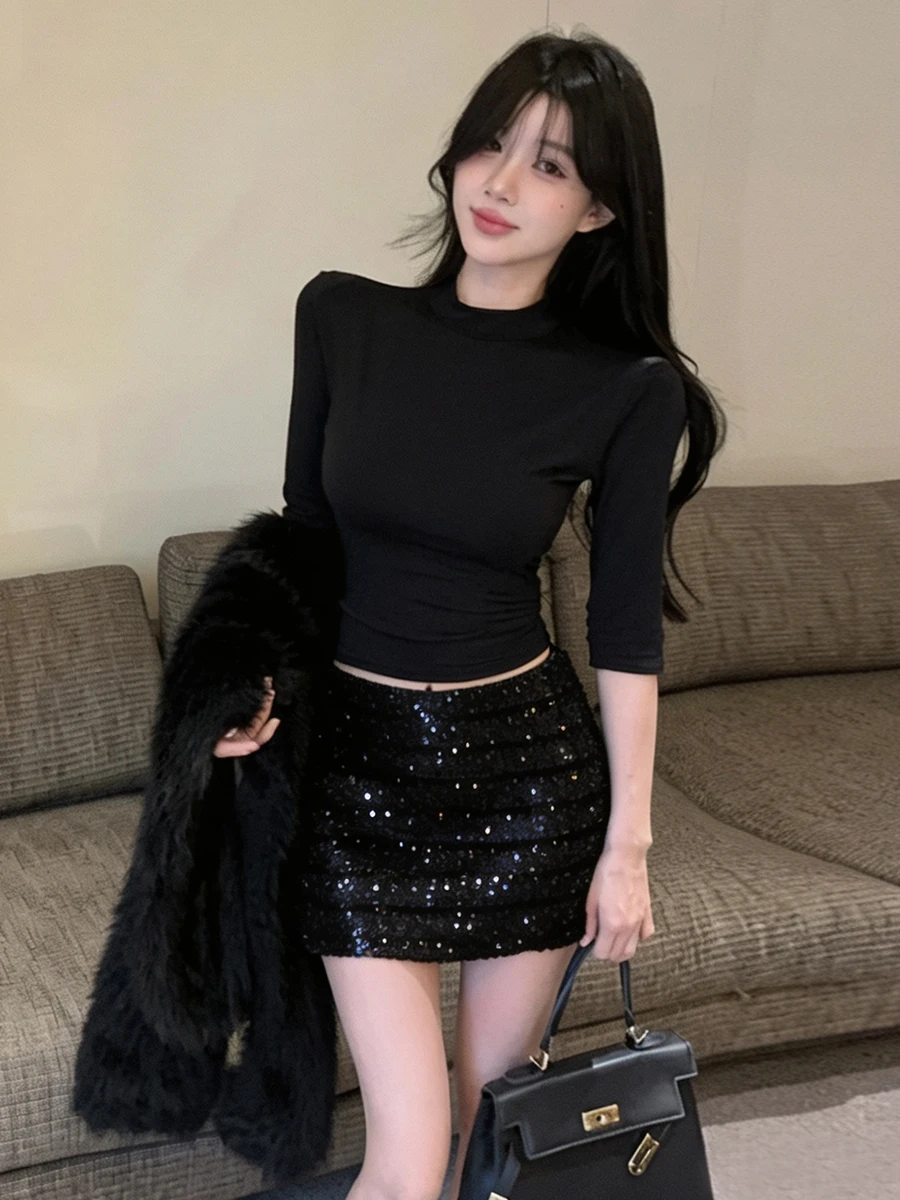 Casual Mid-Sleeve T-Shirt Top with Sequin Leopard Print And High-Waisted Short Skirt Set Pure Desirable American Style Hot Girl