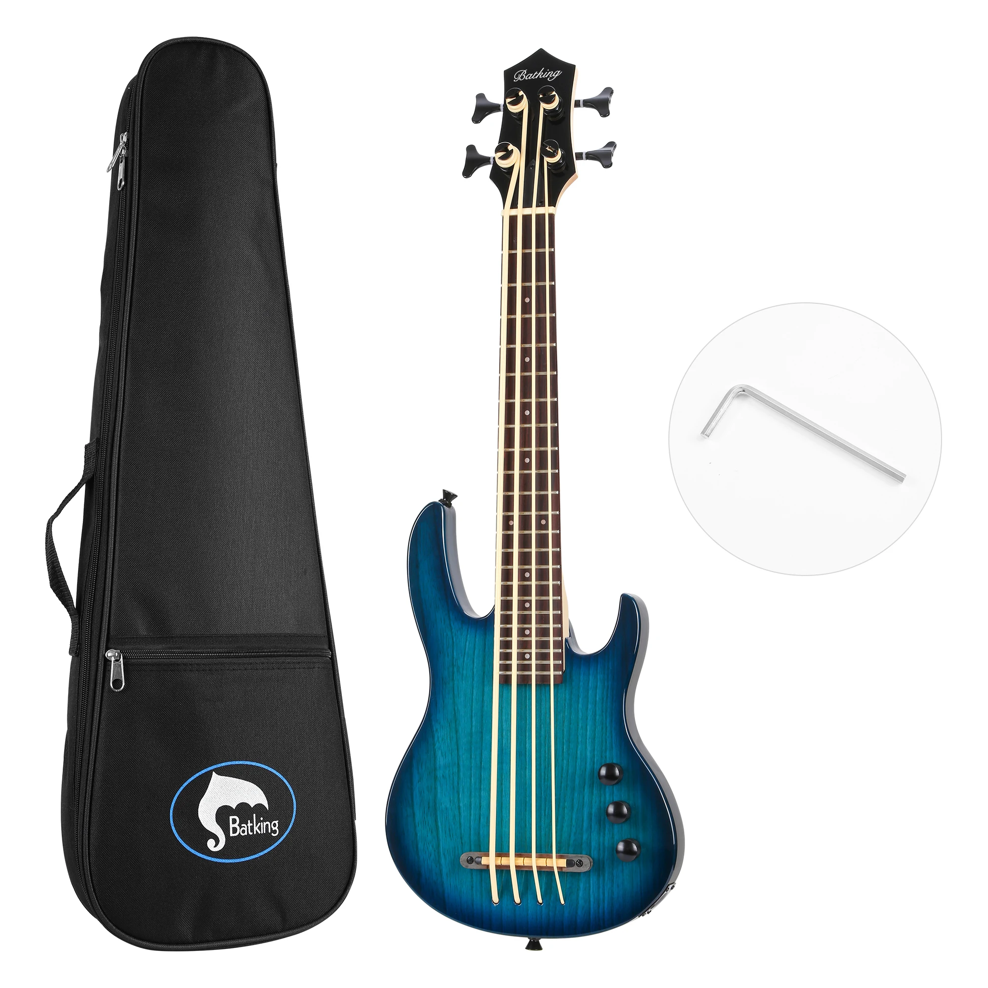 Batking Uku bass Fretted 4 String Electric Ukulele Bass, Through Neck Ukelele Bass with Gig bag.