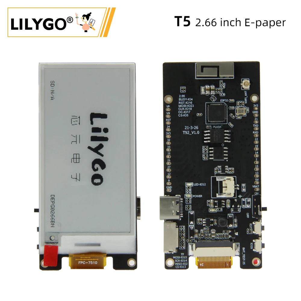 LILYGO® TTGO T5 2.66-Inch E-Paper Display ESP32 Module with Wi-Fi Bluetooth Compatible T-U2T USB to TTL Download for Arduino