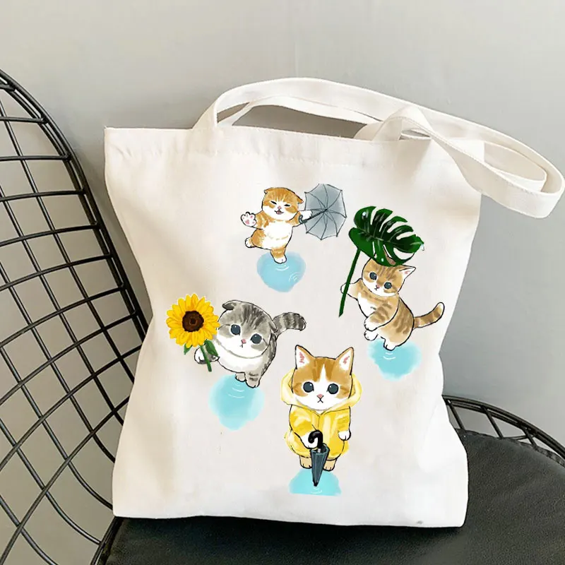 

Cat white canvas shopping bag, animal shoulder bag, reusable shopper, teacher, student backpack