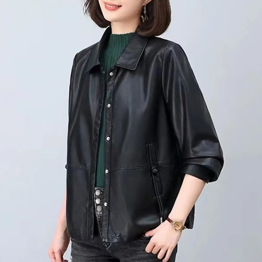 

Women Faux Leather Jacket Retro Motorcycle Coat with Turn-down Collar Pockets for Women Faux Leather Outerwear Plus for Travel