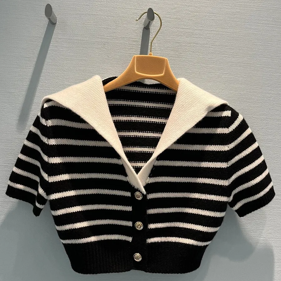 

Women Striped Knit Cardigan Short Sleeve Navy Collar Spring 2025