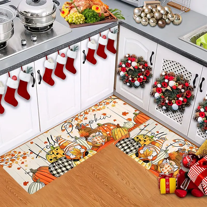 VIKAMA 1/2Pcs 2026 New Thanksgiving Gnome Pumpkin Floor Mat Fall Maple Leaf Anti-Slip Kitchen Rug Entrance Doormat Home Decor