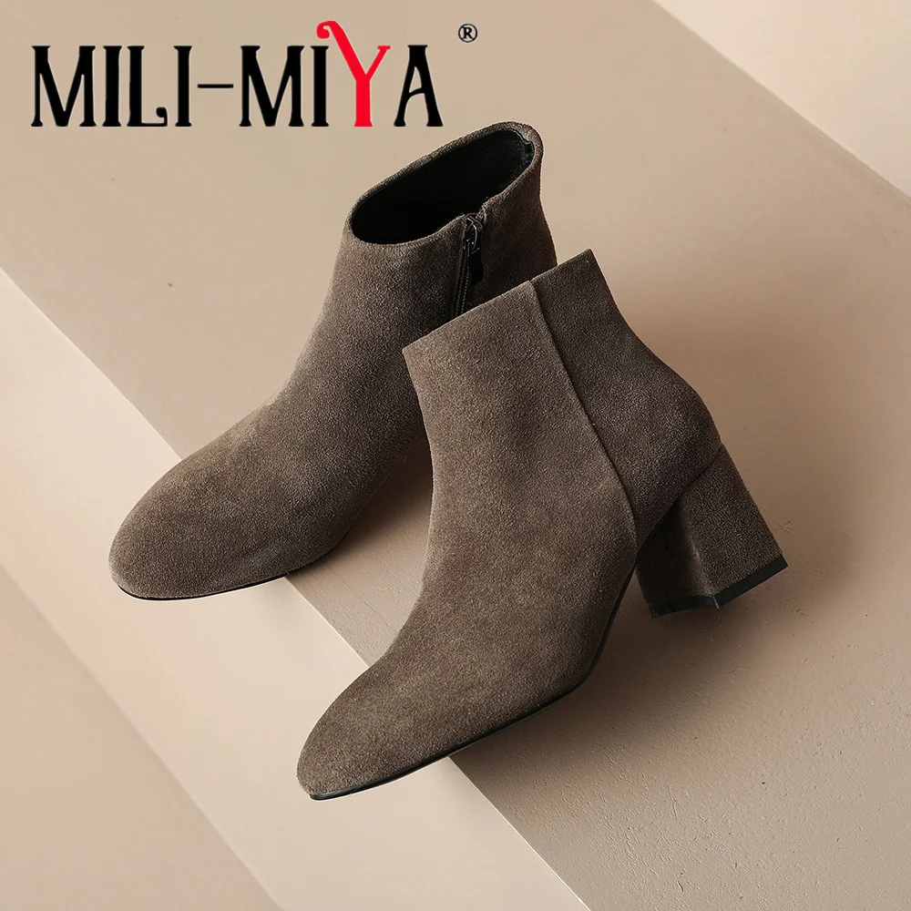 MILI-MIYA 2026 New Trend Autumn Winter Cow Suede Women Ankle Boots Black Thick High Heel Round Toe Zipper Fashion Dress Shoes