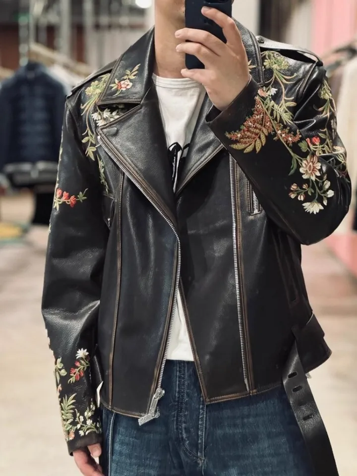 ジャケット・アウター 70s 80s EURO tirolean design leather JKT High Quality Men Genuine Leather Jacket Luxury Vintage Italian
