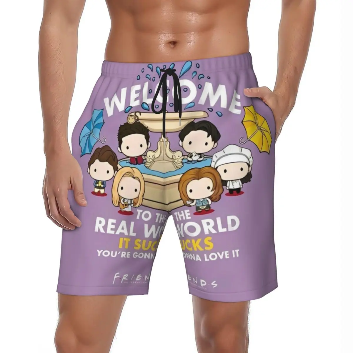 

Купальники Друзья ТВ-шоу Плакат Шорты Летняя программа Мультфильм Y2K Забавные пляжные шорты Мужская спортивная одежда Быстросохнущие плавки