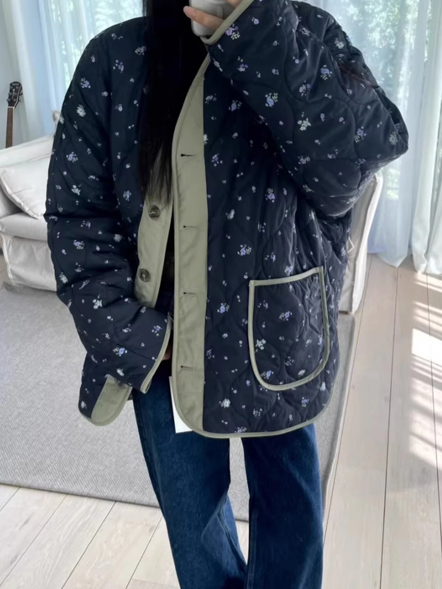 Stampa floreale Double-Sided Wear Cotton Jaet Donna Inverno Nuovo Sle Warm Top con doppi kets Coreano Loose Fit V-Ne