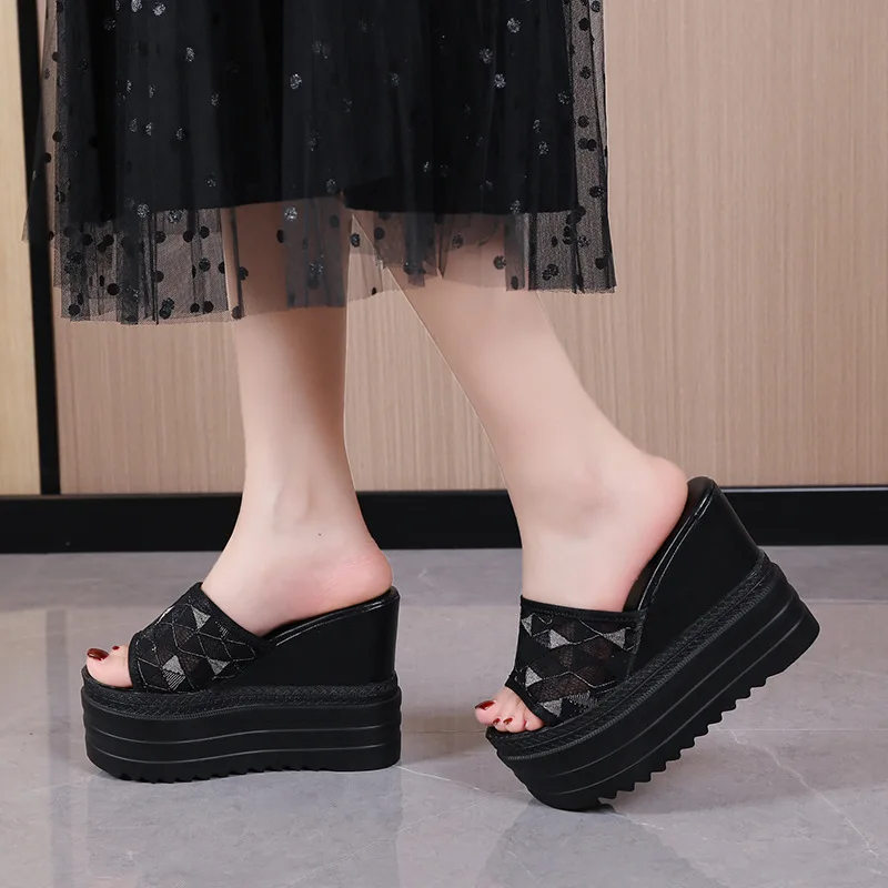 12cm Super High Heels Women Slippers Metain Chain Height Increasing Slides Women Wedding Shoes New Platform Black White Shoes