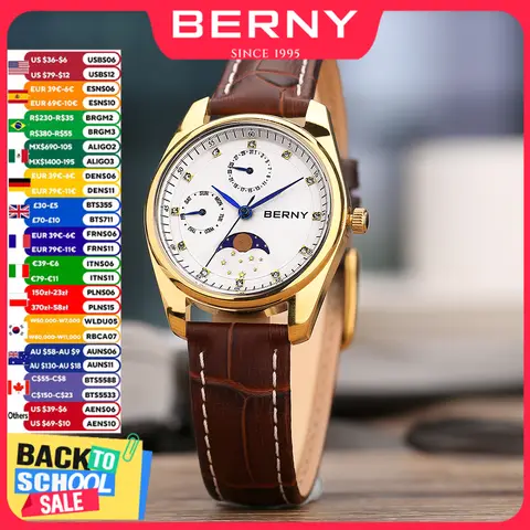 BERNY Couple Quartz Watch Moon Phase Day Top Calendar Men Wristwatch Leather Men/Women Dress Watch MIYOTA 6P20 Gift Watches
