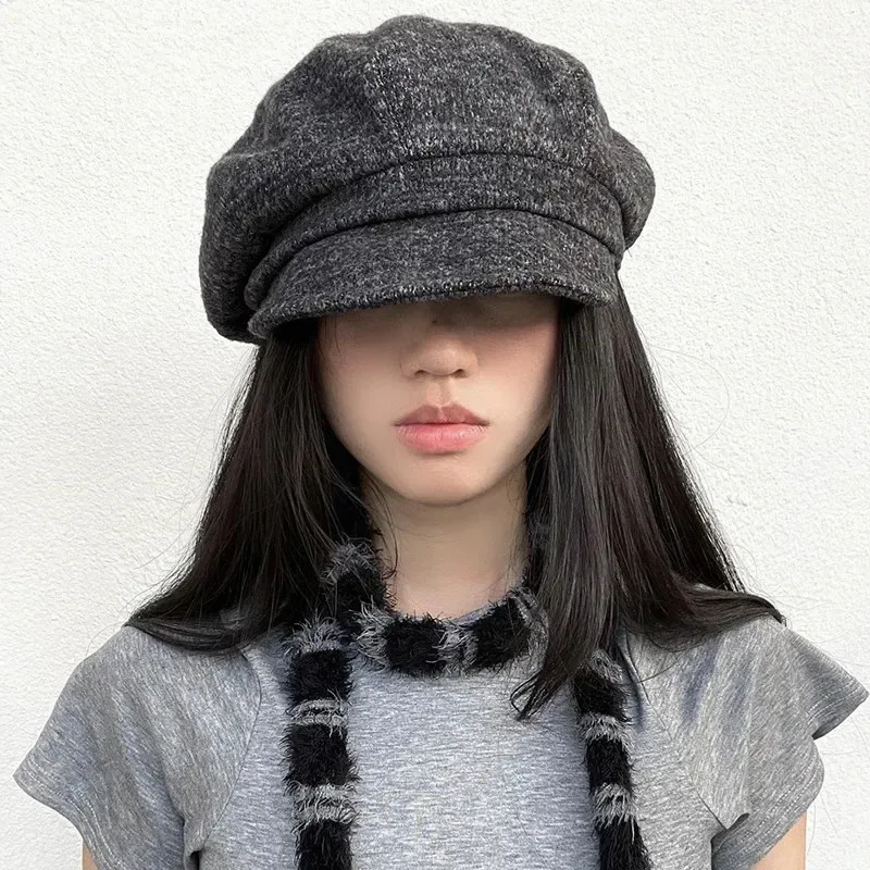 

Retro High-end Sense Solid Color Knitted Berets Cap for Women Autumn Winter Versatile Warm Literary Octagonal Hat