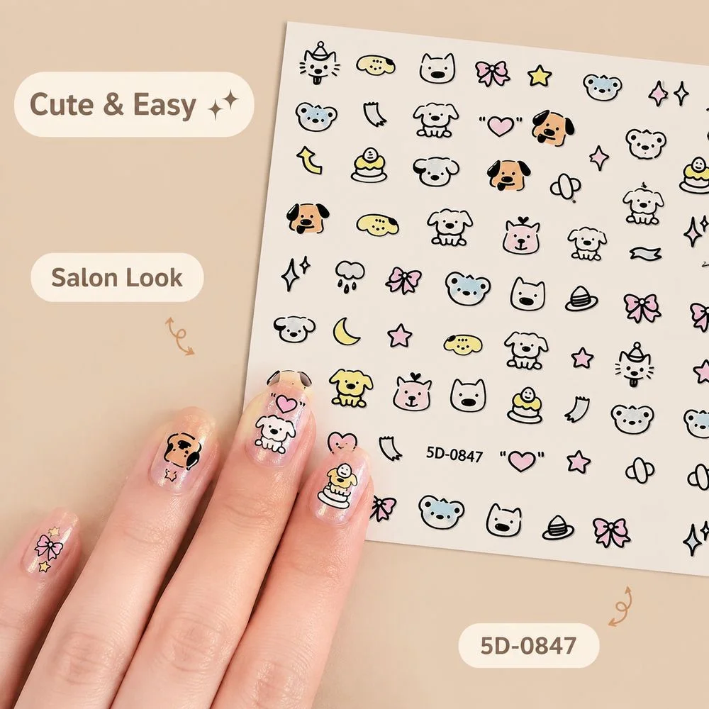 1Pc Cartoon Dog Outline 5D Raised Nail Stickers Self‑Adhesive Bear Cat Cloud Bow Decals For Casual & Party Nail Art Ornament