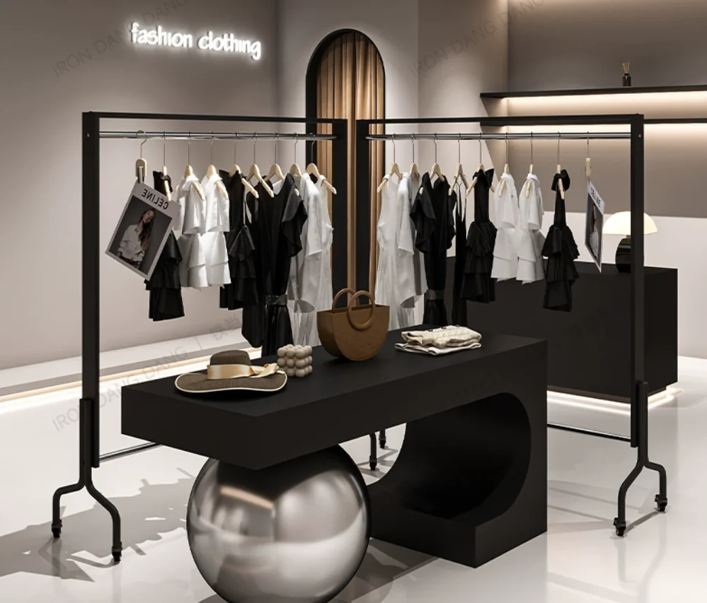 

Mid Island Clothing Store Display Table Iron Black Clothes Display Stand Women's Clothing Store Hanging Hanger