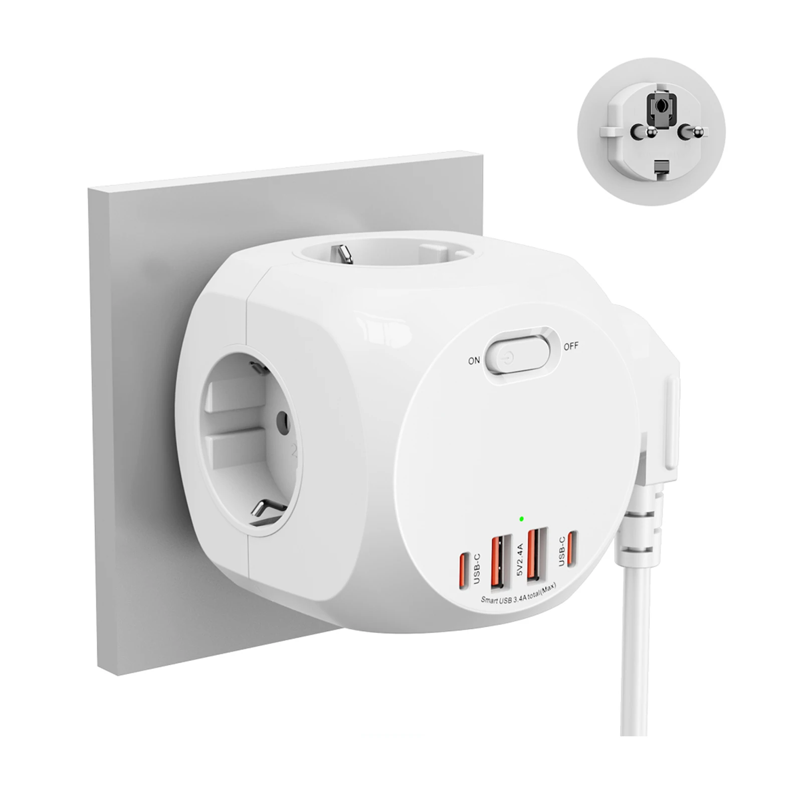 USB Adapter Steckdose USB-Steckeradapter Mit 4-fach Steckdosen – Würfel-Verlängerung, 13 A, Mehrfachstecker