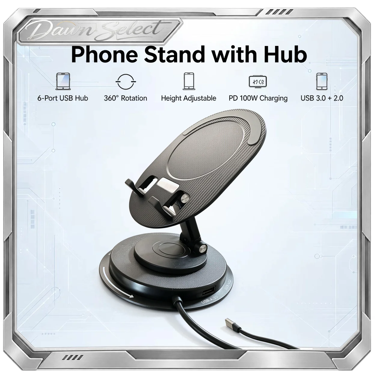 Phone Stand Hub 6-in-1 Multi-Functional Desktop Stand 5Gbps High-Speed Transfer 60° Rotation Height Adjustable Foldable Portable