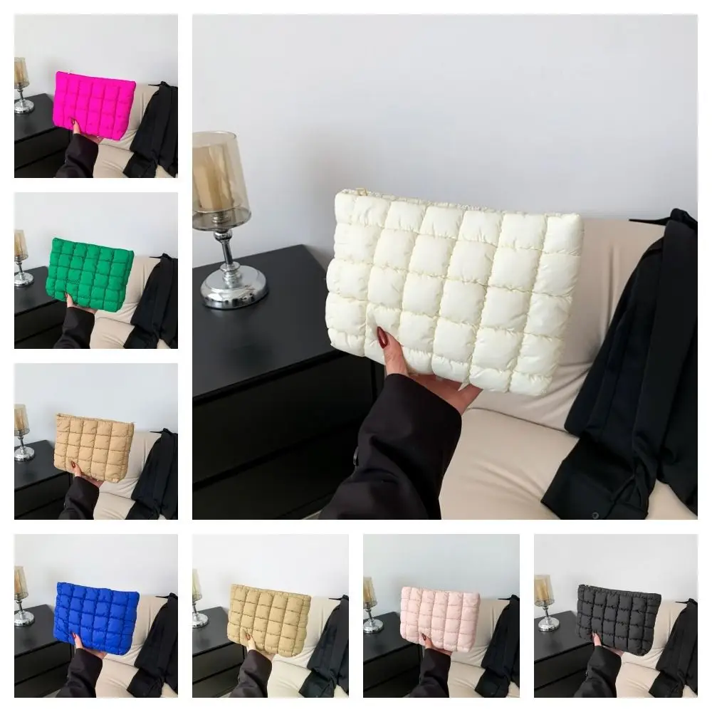 Simple Puffy Quilted Padded Makeup Bag Storage Bag Handbag Cotton Clutch Bag Zipper Solid Color Cosmetic Bag Lady