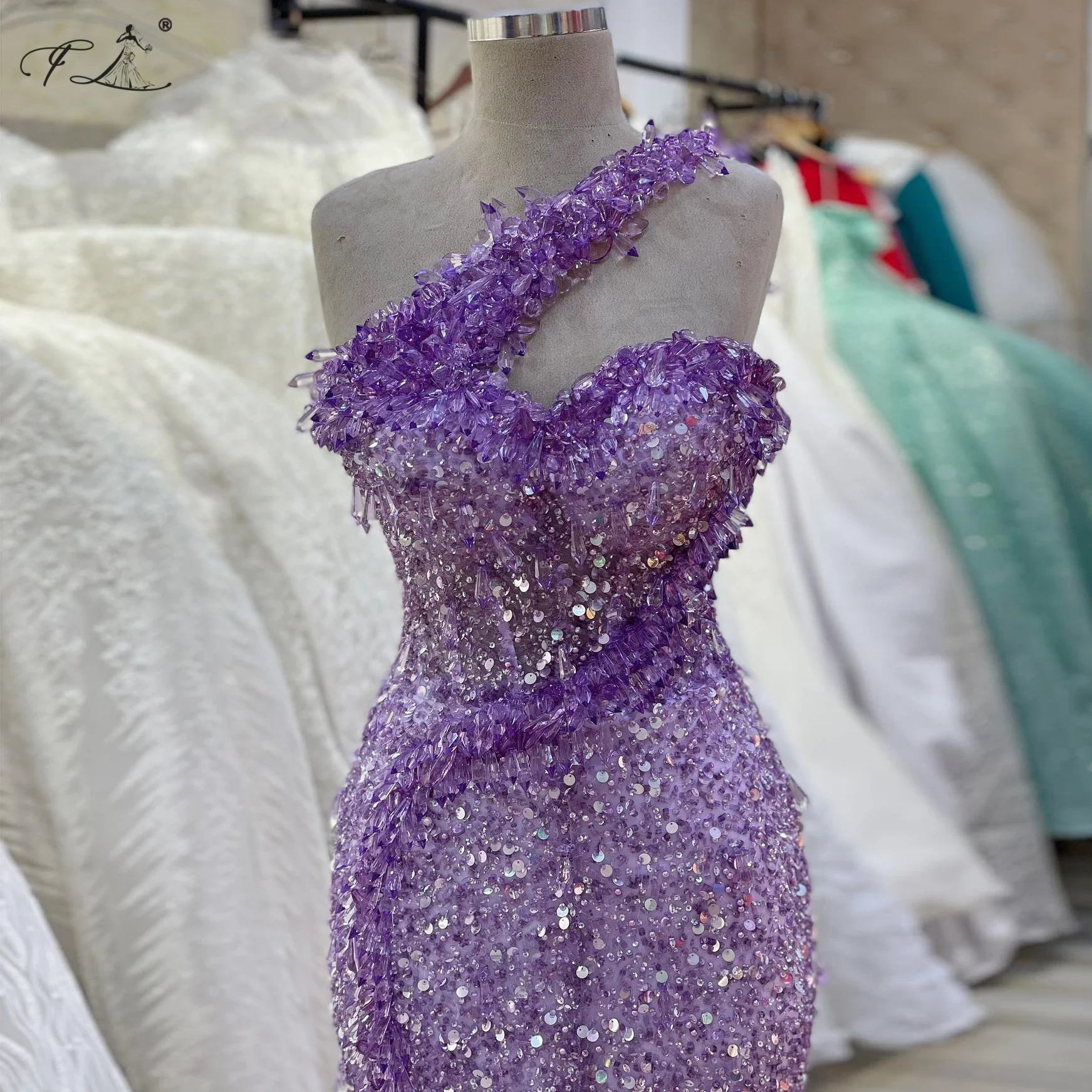Asymmetrical Stylish Mermaid Dress Slanted Neckline Teardrop Pendant Sequin Feather Skirt Hem Prom Party Dress Customizable