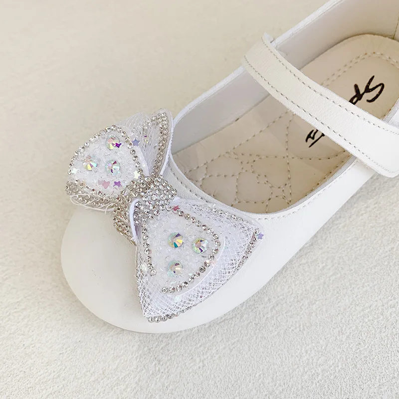 Girls Casual Shoes Princess Baby Sequin Bow Flat Shoes Fashion Children\'s Performance Leather Shoes 2023 Spring Summer New