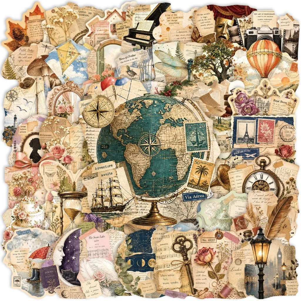 50 Sheets Vintage European Newspaper Clear Stickers Antique Clock Rose Element Decals for Journal DIY Craft AnimeWorlds Store