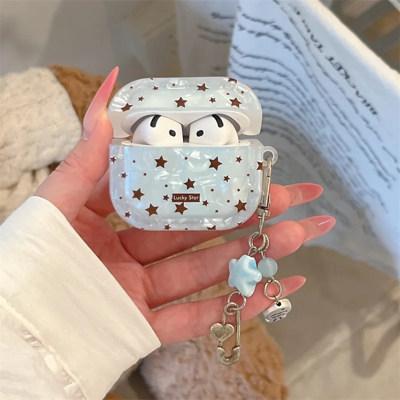 Pearlescent Star AirPods Case With Lucky Star Charm For AirPods Pro 2 4 3 2 1 Clear TPU Cover Cute Earphone Case