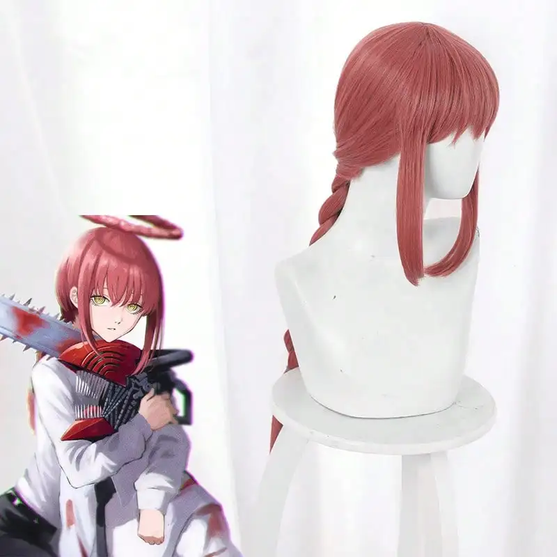 Long Dark Pink Makima Wig Synthetic Anime Cosplay Wigs With One Braid Heat Resistant Cosplay Synthetic Wigs Halloween Party image 6