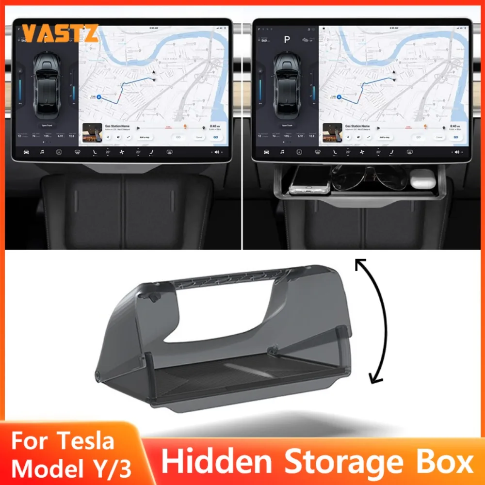 

Hideable Under Screen Storage Box for Tesla Model Y 3 2024 Highland Center Console Organizer Screen Box Tray with Silicone Pad