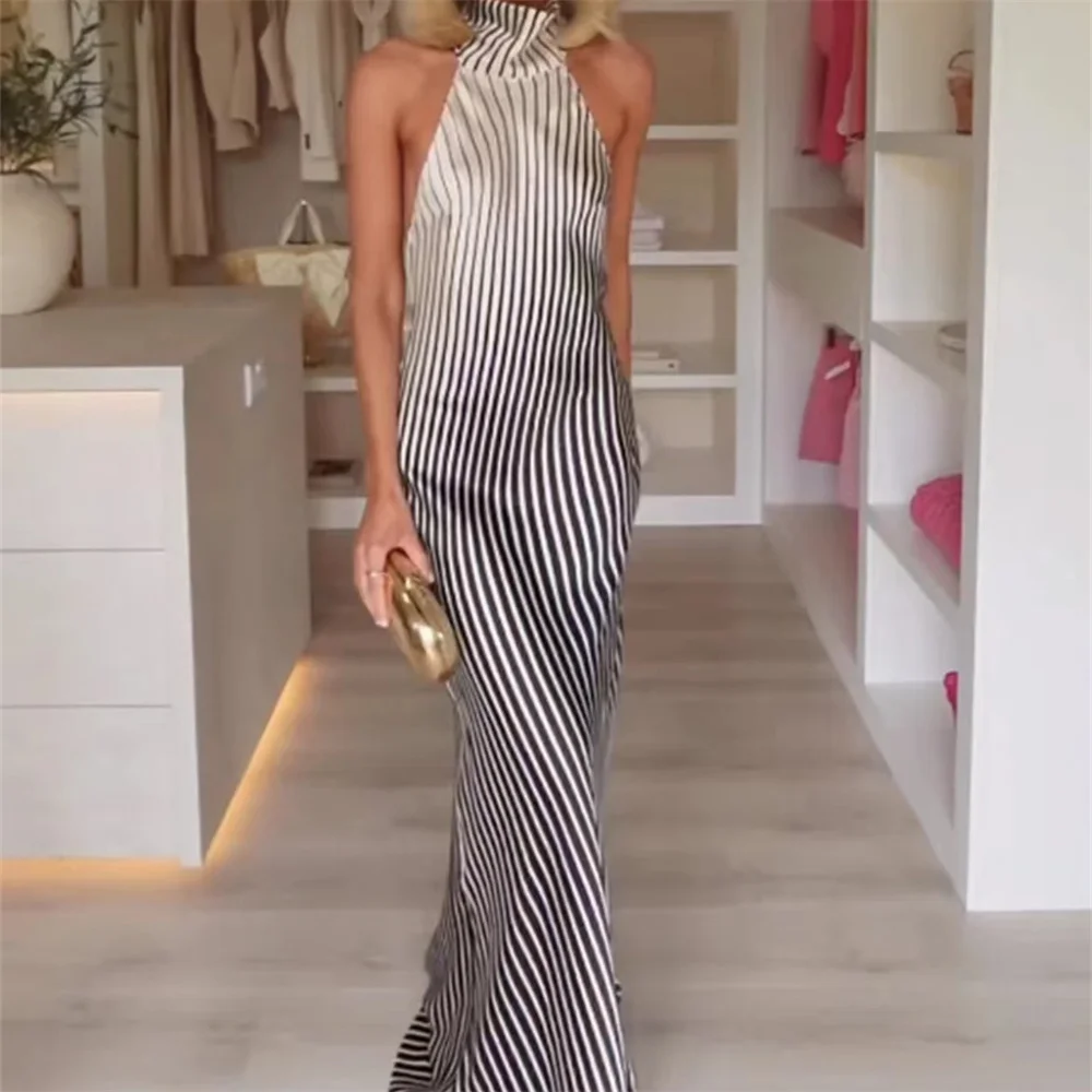 European And American Style Summer Women\'s New Fashionable And Casual Temperament Sleeveless Silk Satin Texture Striped Dress