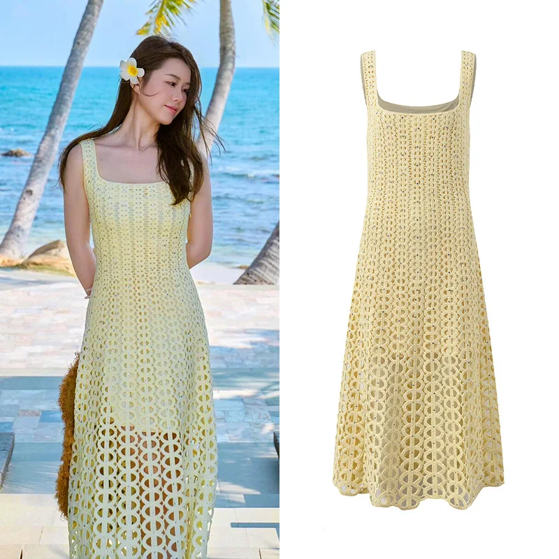 

Long Suspender Dress Hollow Heavy Industry Diamond Decoration Temperament Fashionable and Elegant Slim Fit 2025 Summer New Model