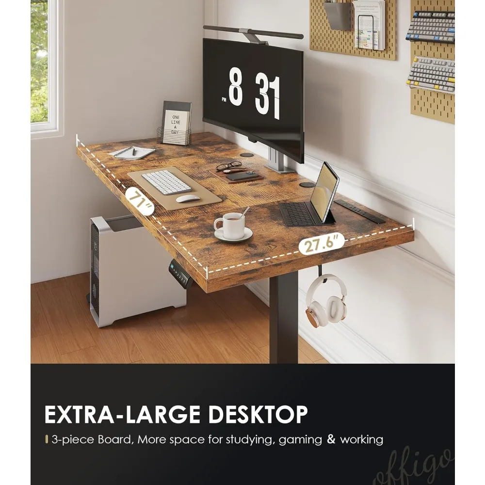 مكتب قائم كهربائي مع لوح مكون من 3 قطع، مكتب كبير قابل للتعديل بارتفاع 71 بوصة مع منافذ طاقة، طاولة حامل للجلوس #5