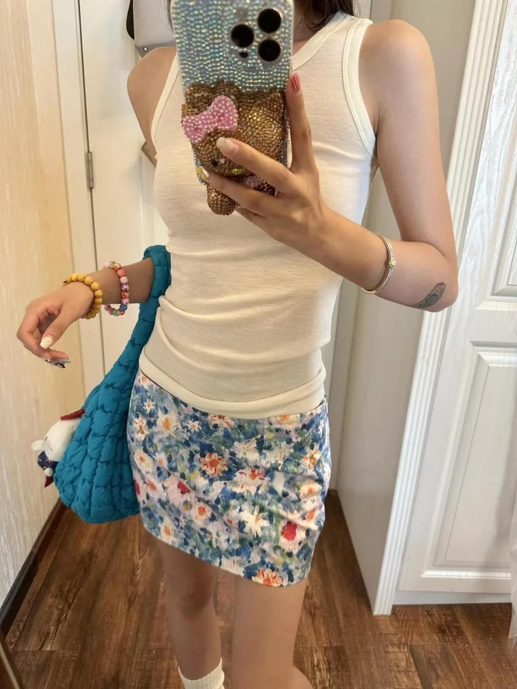 Women's Floral Pattern Blue Thin Skirt Summer Sweet Slim Girl Casual Bottoms Female Beach Vacation Low Waist Mini Skirts
