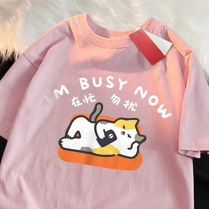 

Im Bust Now Lying Flat Cat Print Japanese Style T Shirts Women Fashion Loose T-Shirts Casual O-Neck Tshirt Tees Tops Graphic Y2K
