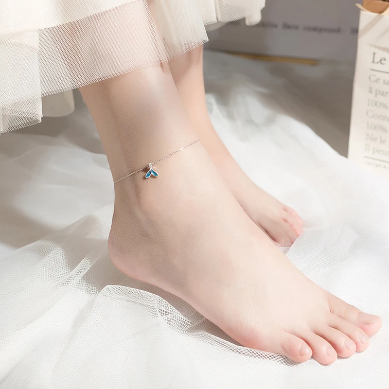 Modian Bule Enamel Mermaid Tail Anklet for Women Authentic 925 Sterling Silver Simple Animal Link Chain Anklet Fine Jewelry Gift