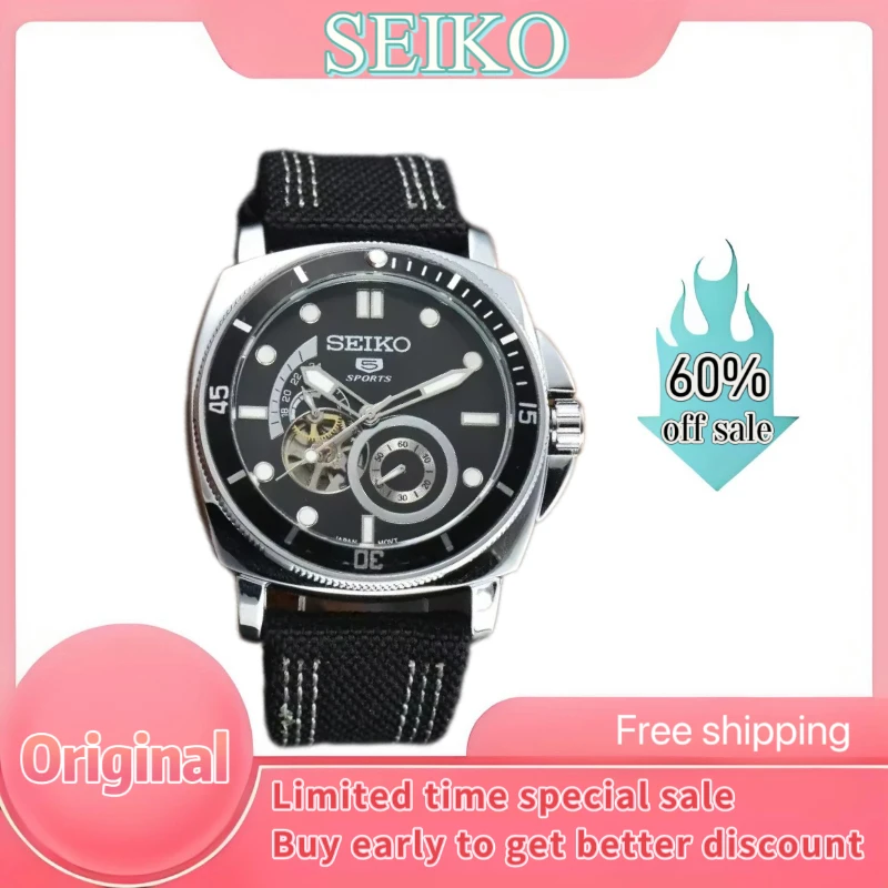 100%Original SEIKO 5 Real Automatic Mechanical Watch  Men\'s Canvas Strap Large Disc Watches Fashion High End Sports Wristwatches