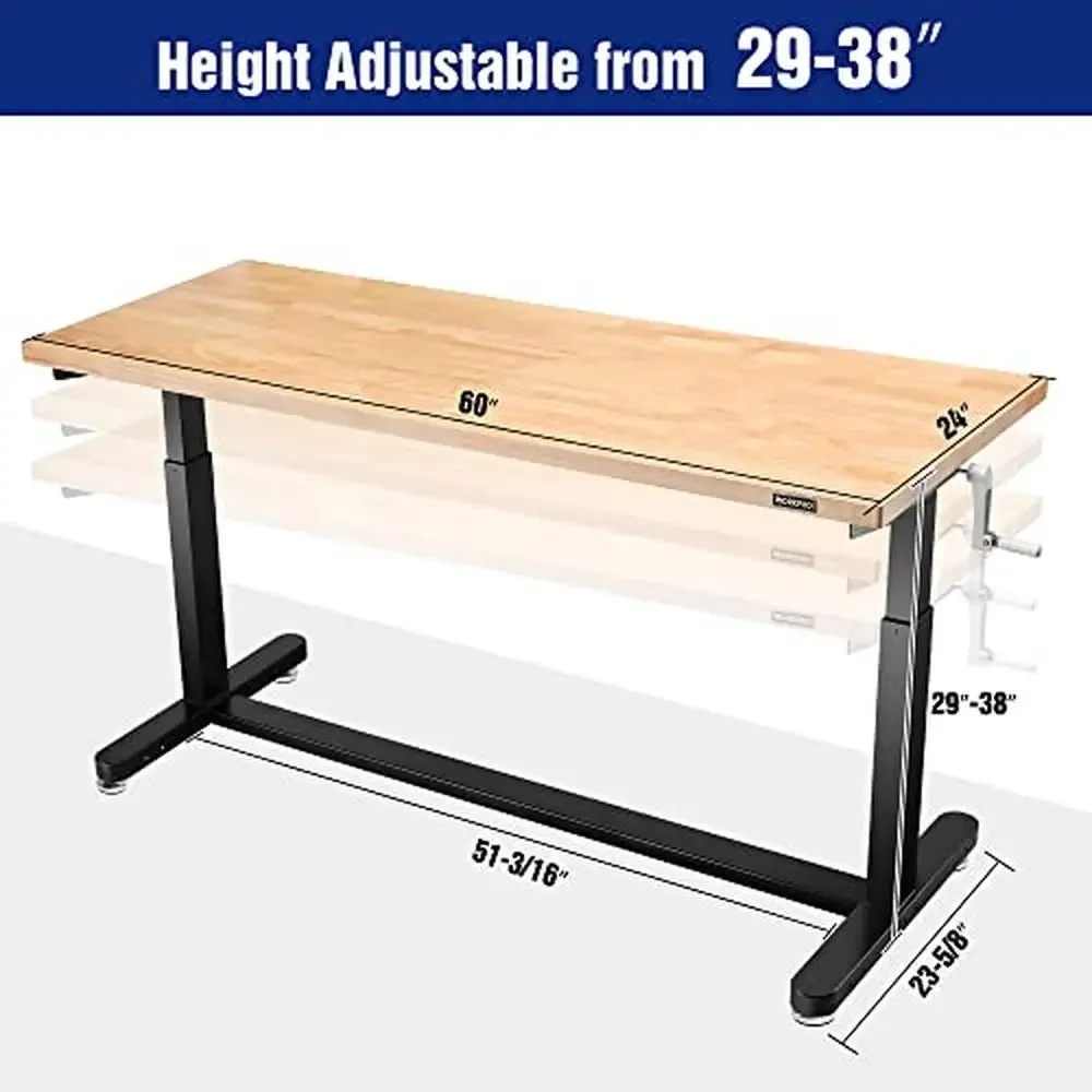 Adjustable Wooden Top Work Table with Casters Home Garage Office Workshop Crafting Room Height 29