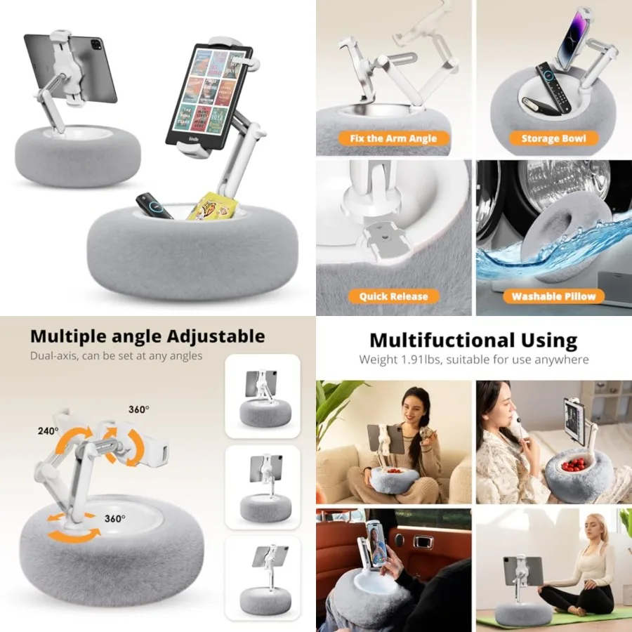 

Tablet Pillow Stand for Reading, Adjustable Tablet Stand Phone Holder for Bed with Detachable Snack Bowl, Fits 4.7"-13" Kindle/Phones/Tablets, Watch Videos, Stream Media, Gray