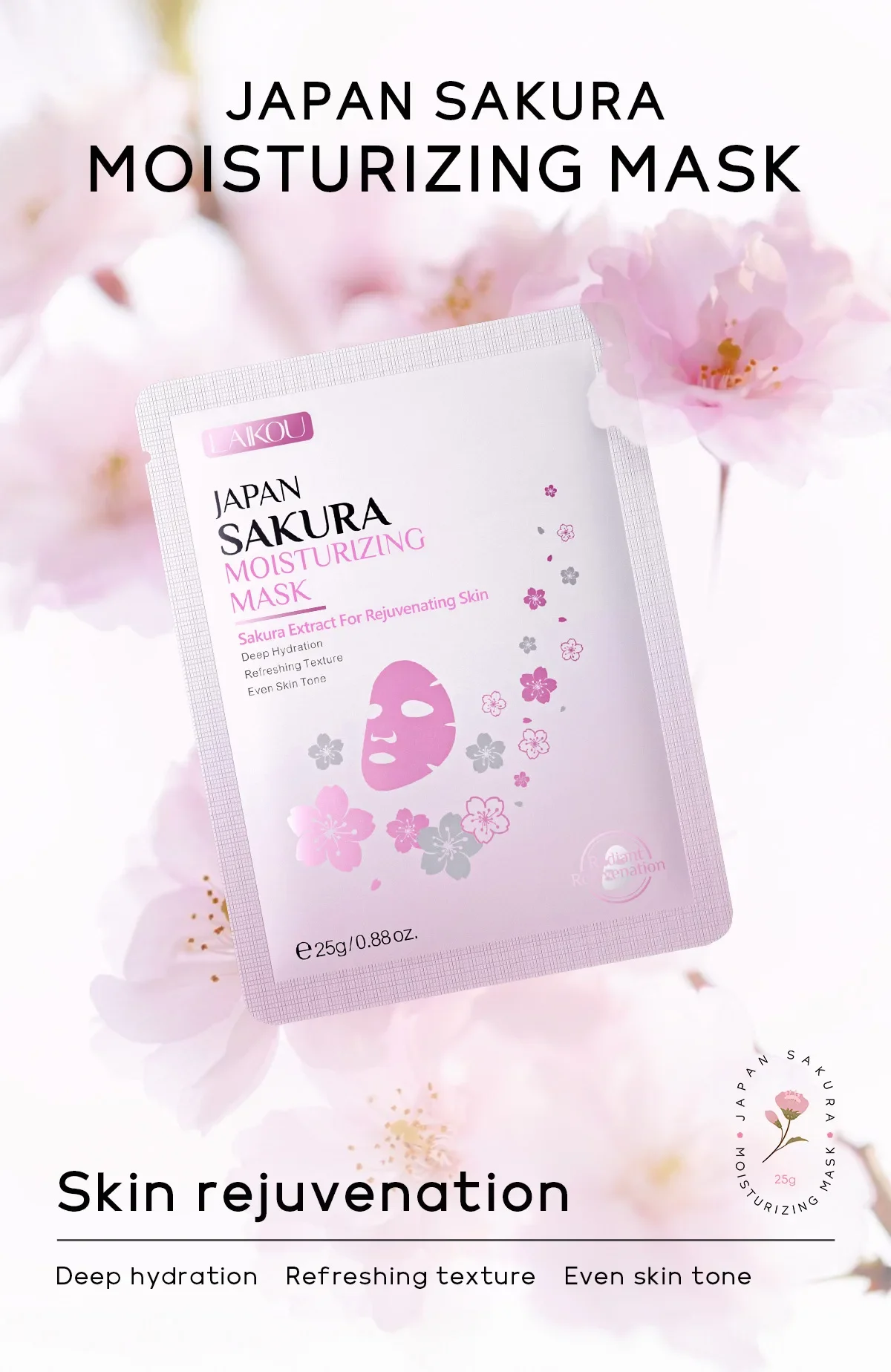 Laikou Sakura Facial Mask, Hydrating & Brightening Sheet Mask for Moisturized and Radiant Face Masks Skin Care Cosmetics 25g