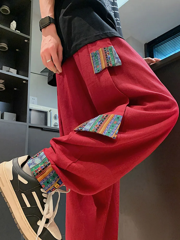 

Trendy Ethnic Linen Pants Loose Wide Leg Dance Casual Trousers for Men Comfortable Cotton Linen Loose Fit Spring Autumn