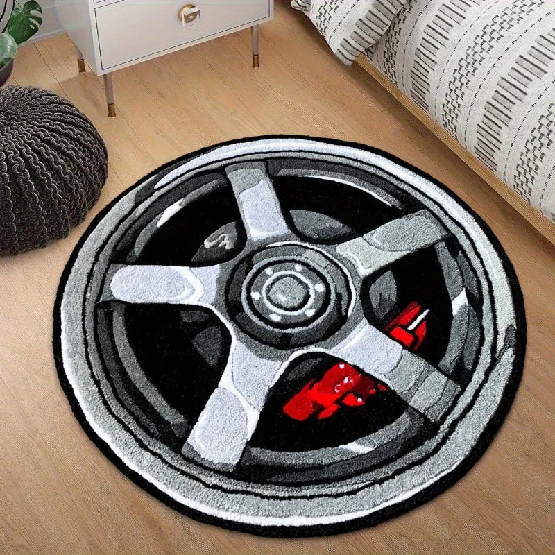VIKAMA Car Wheel Rim Design Round Rug Soft Plush Bedroom Carpet Non-Slip Living Room Floor Mat Automotive Enthusiast Home Decor