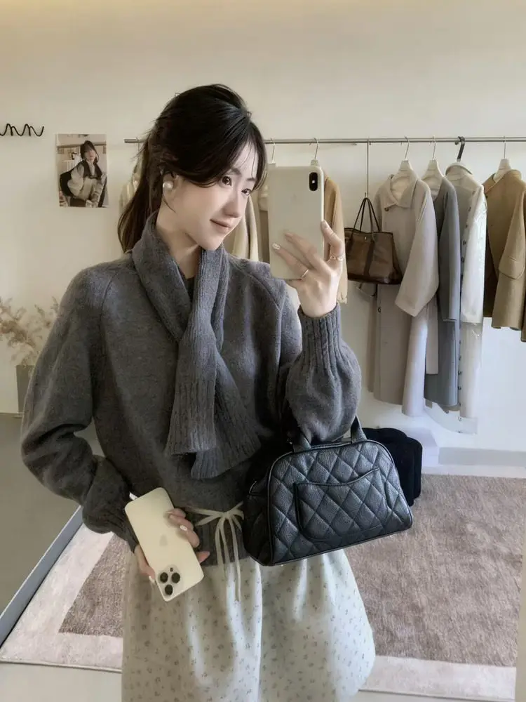 Korean Solid Color Warm Women's Sweater with Scarf Autumn Winter Soft Comfort Pullover Female Lazy Style Round Neck Knitwear